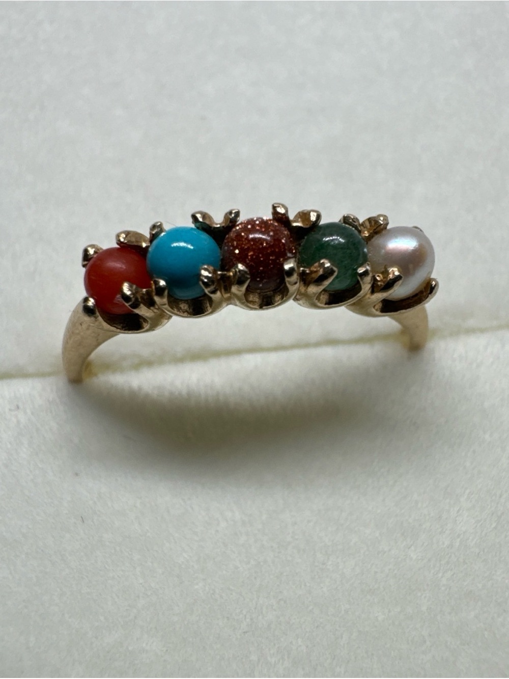 VTG BEAUTIFUL 10K YELLOW GOLD MULTI STONE TURQUOISE PEARL JADE RING SIZE 5.75 - Picture 5 of 15